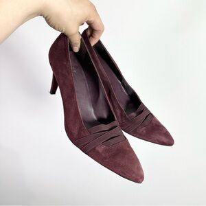 Stuart Weitzman Burgundy Pointed Toe Crossover Detail High Heeled Suede Pumps